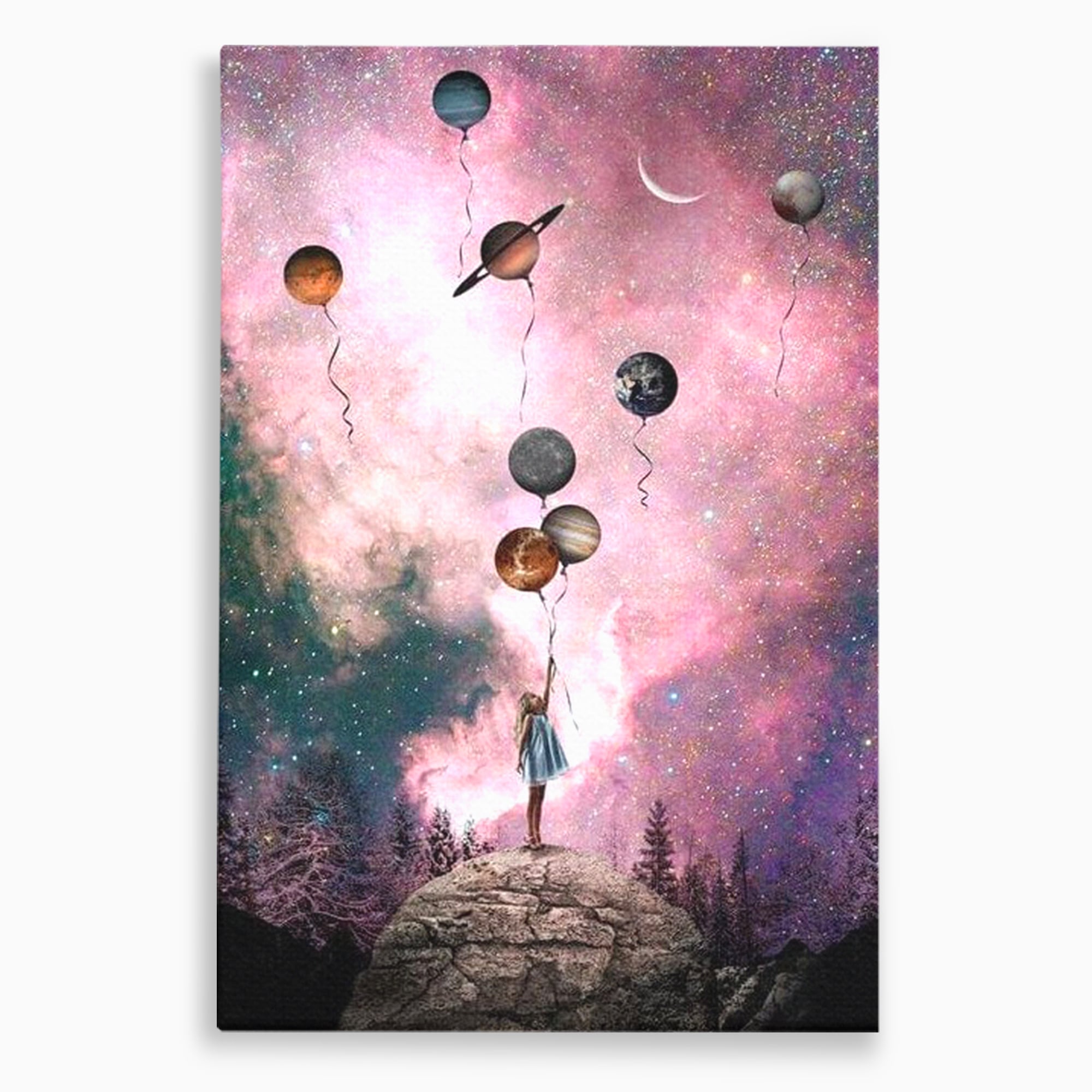 Tablou canvas cu ilustratie fetita tinand baloane planete, fara rama, pe sasiu de lemn
